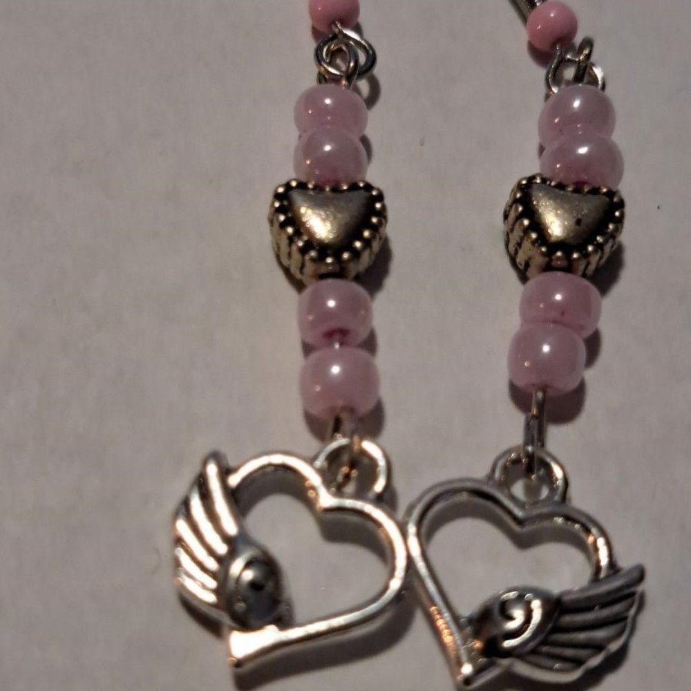 Pink heart and wing hadmade earrings